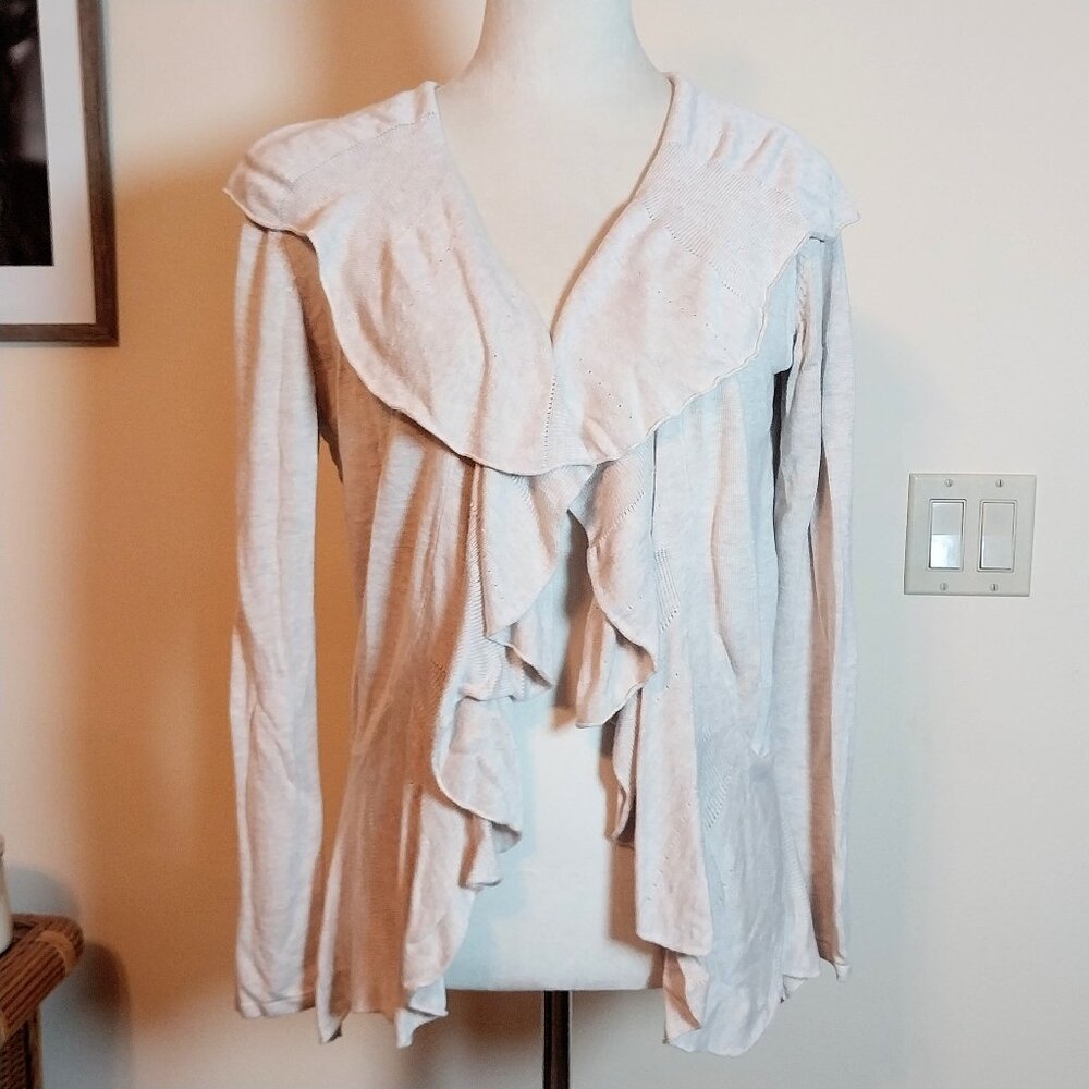 BELLDINI BEIGE CASCADE RUFFLE OPEN FRONT CARDIGAN SWEATER SIZE L
